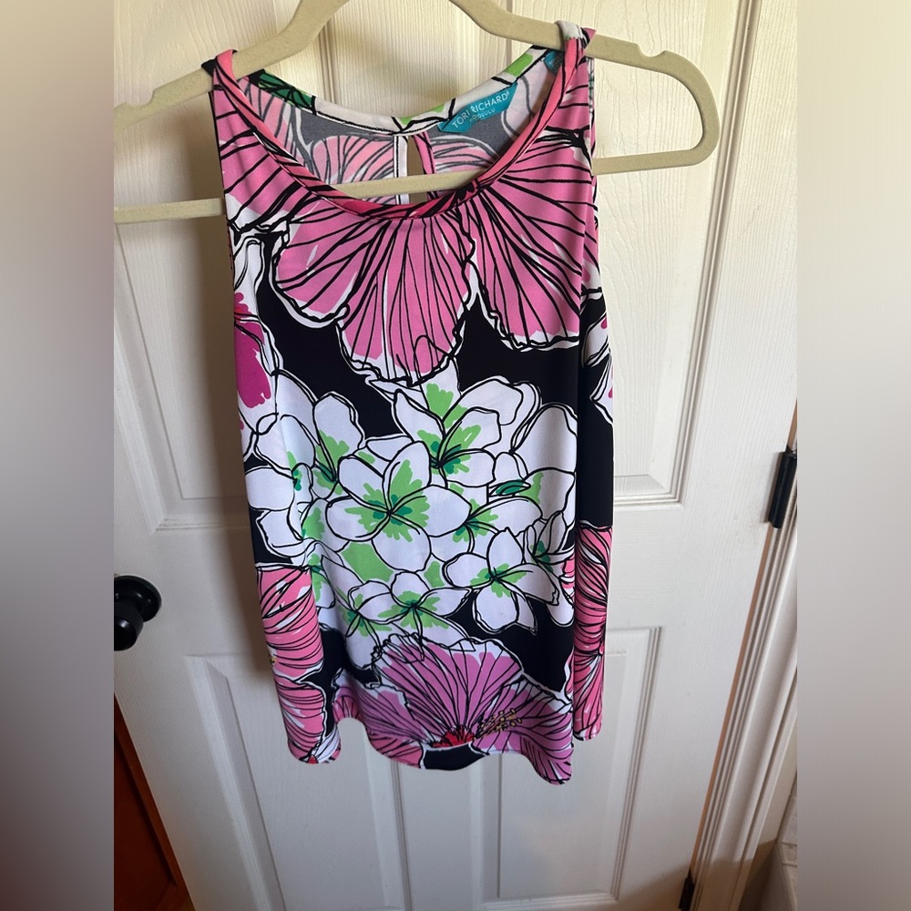 Tori Richard Pink and Green Floral Tank Top Sleeveless Design